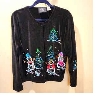 Michael Simon Event Vintage  Festive Black Velvet  Cardigan with Snowman Size L